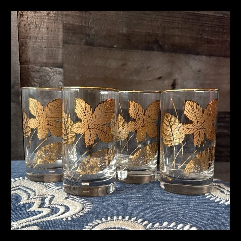 Libbey Glass set of 4 gold leaf tumblers mid century modern golden foliage gilt